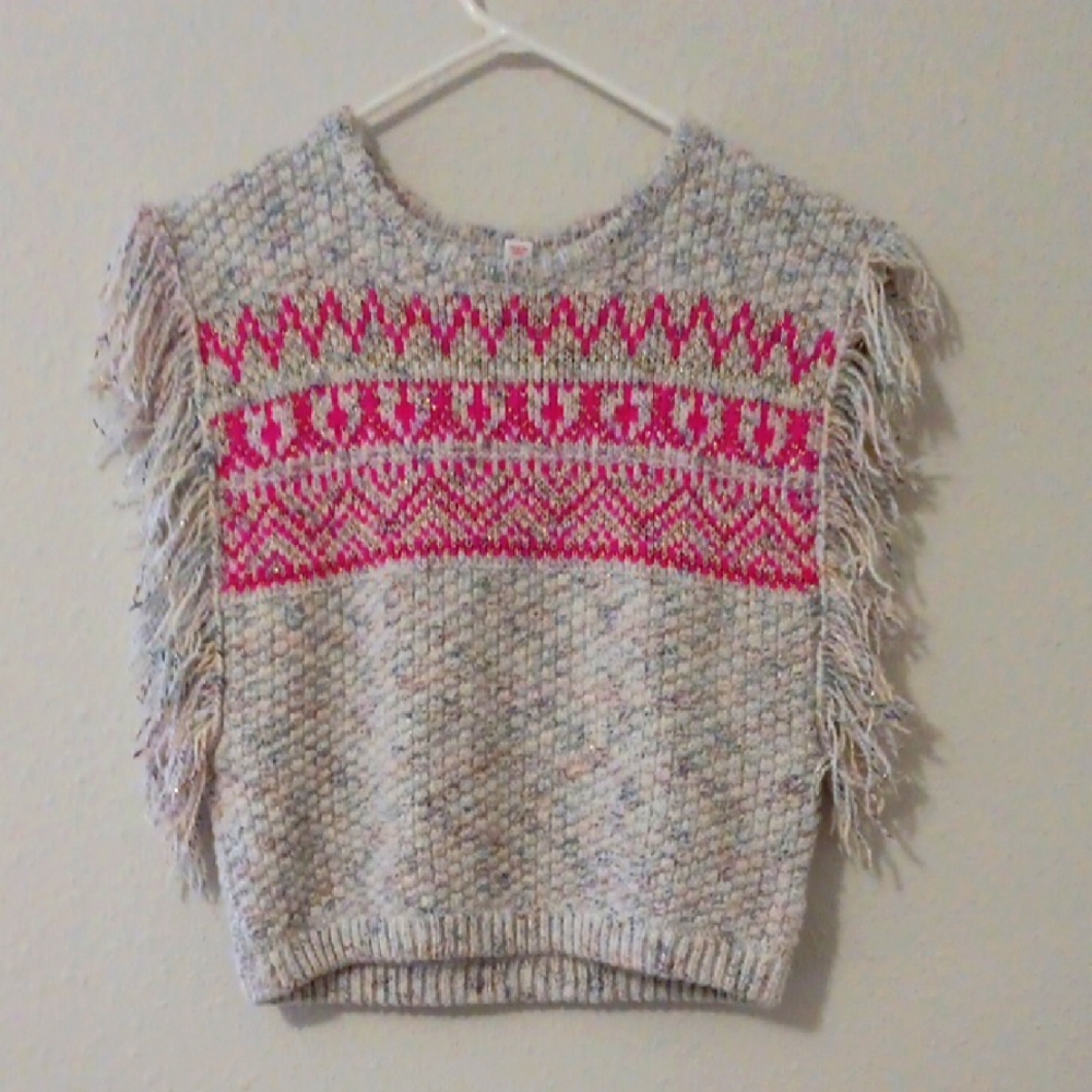 Girls Fringed Knit Sweater - Pink and Gray